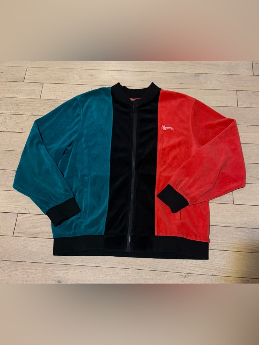Supreme Velour Tri-Color Zip-Up Jacket Sz. Large Red Brand Tag Fall 2015